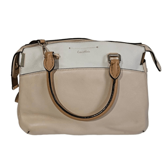 Calvin Klein Raelynn Pebbled Leather Satchel Bag Beige White Colorblock Purse - Picture 1 of 10